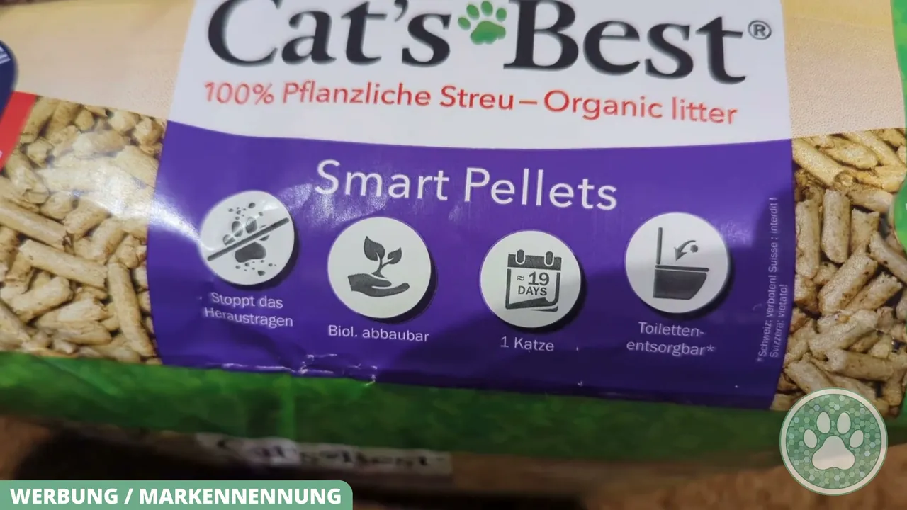 Symbole verdeutlichen Eigenschaften wie die biologische Abbaubarkeit und das Stoppen des Heraustragens aus dem Katzenklo.