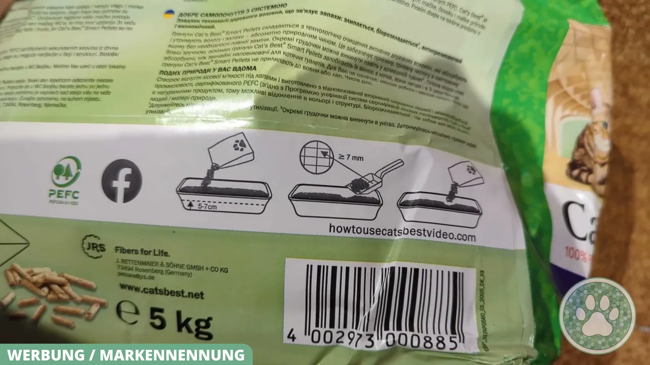 Piktogramme auf der Rückseite veranschaulichen die optimale Einfüllhöhe sowie die Reinigung und das Nachfüllen der Streu.