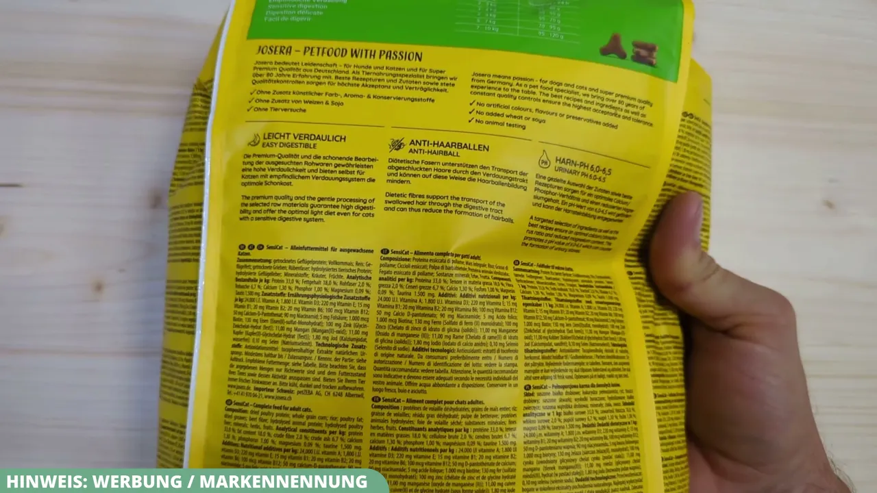 Die Zutatenliste zeigt den Verzicht auf glutenhaltiges Getreide, Soja, Zucker sowie künstliche Farb- und Aromastoffe.