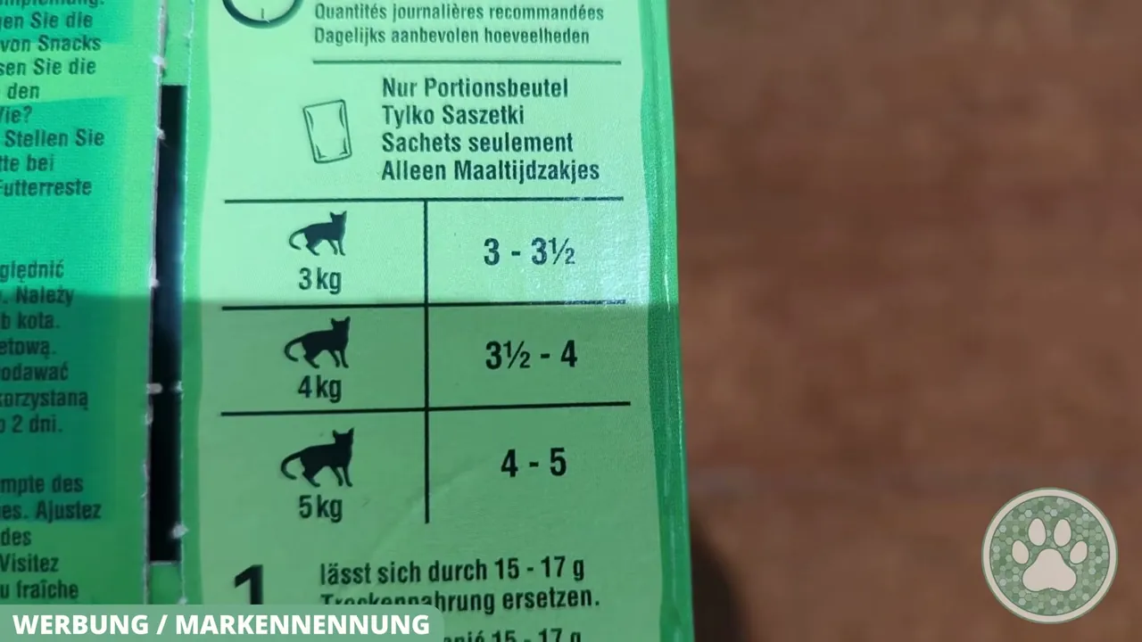 Auf der Verpackungsseite ist die empfohlene Anzahl an Portionsbeuteln nach Körpergewicht der Katze aufgeführt.