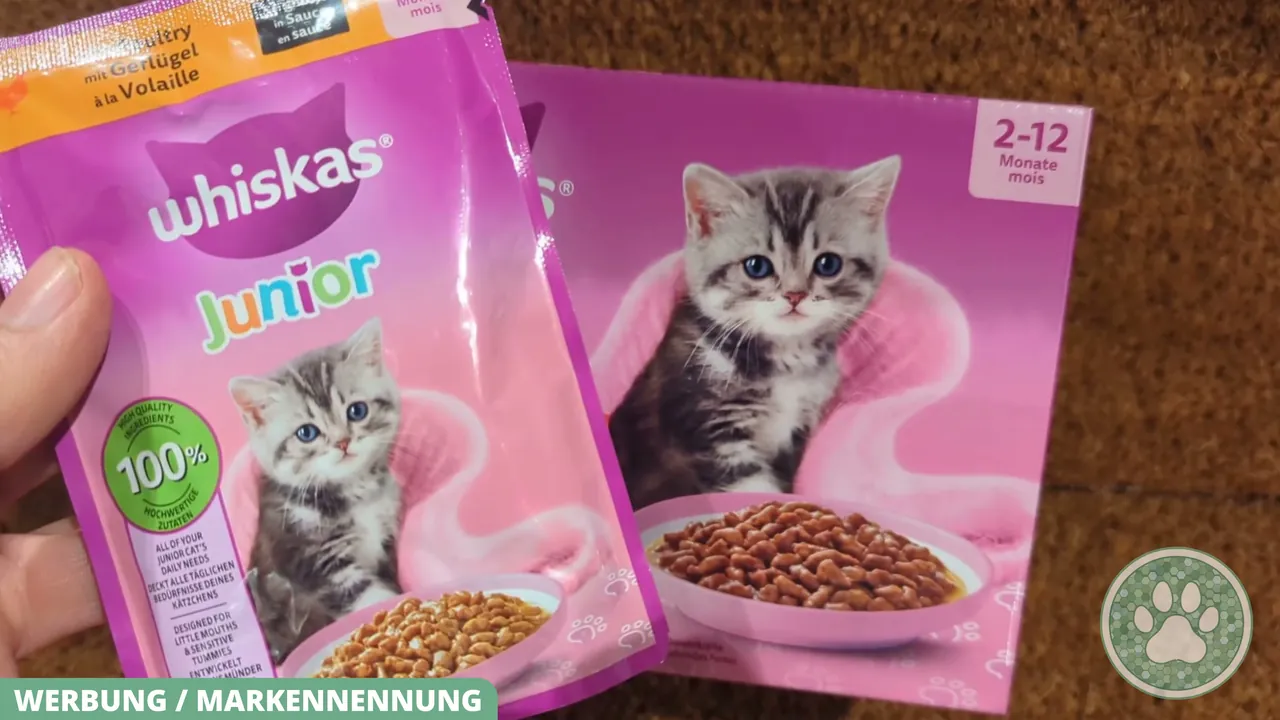 Das Whiskas Junior Nassfutter ist in praktischen Portionsbeuteln verpackt und für Kätzchen von 2 bis 12 Monaten geeignet.