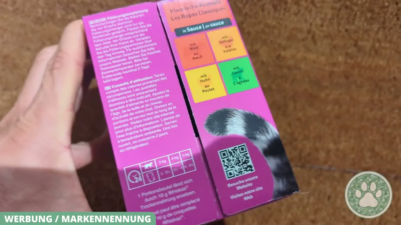 Auf der Verpackungsseite ist die empfohlene Tagesmenge passend zum Körpergewicht der Katze aufgeführt.