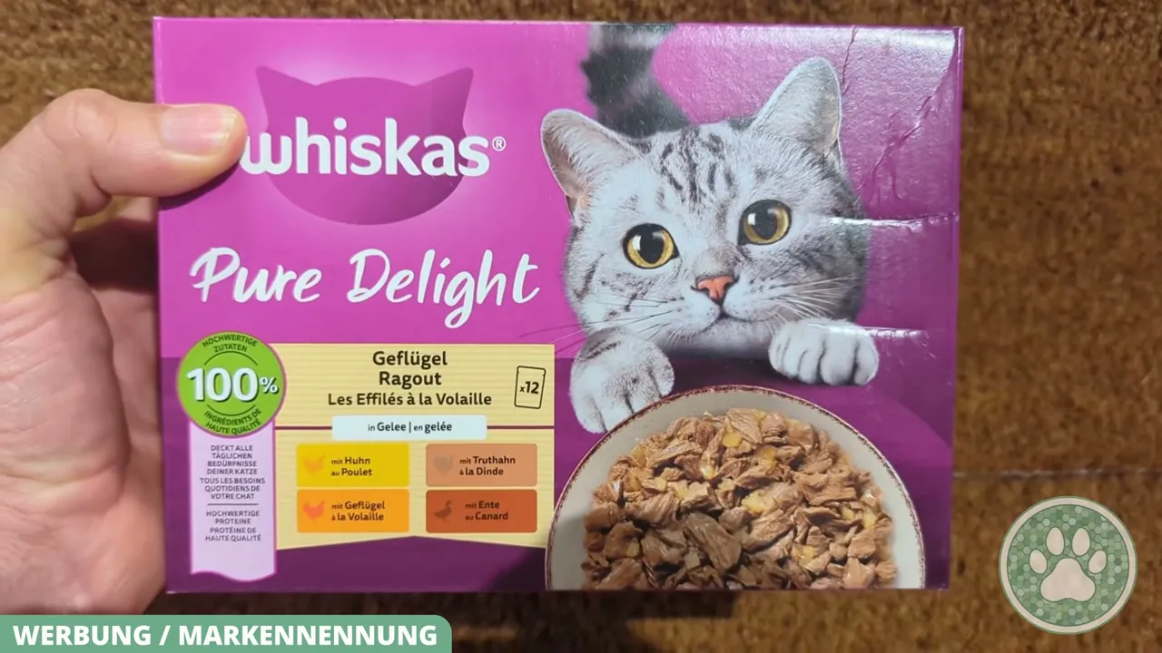 Das Whiskas Pure Delight Geflügelragout enthält vier verschiedene Geschmacksrichtungen in Gelee.